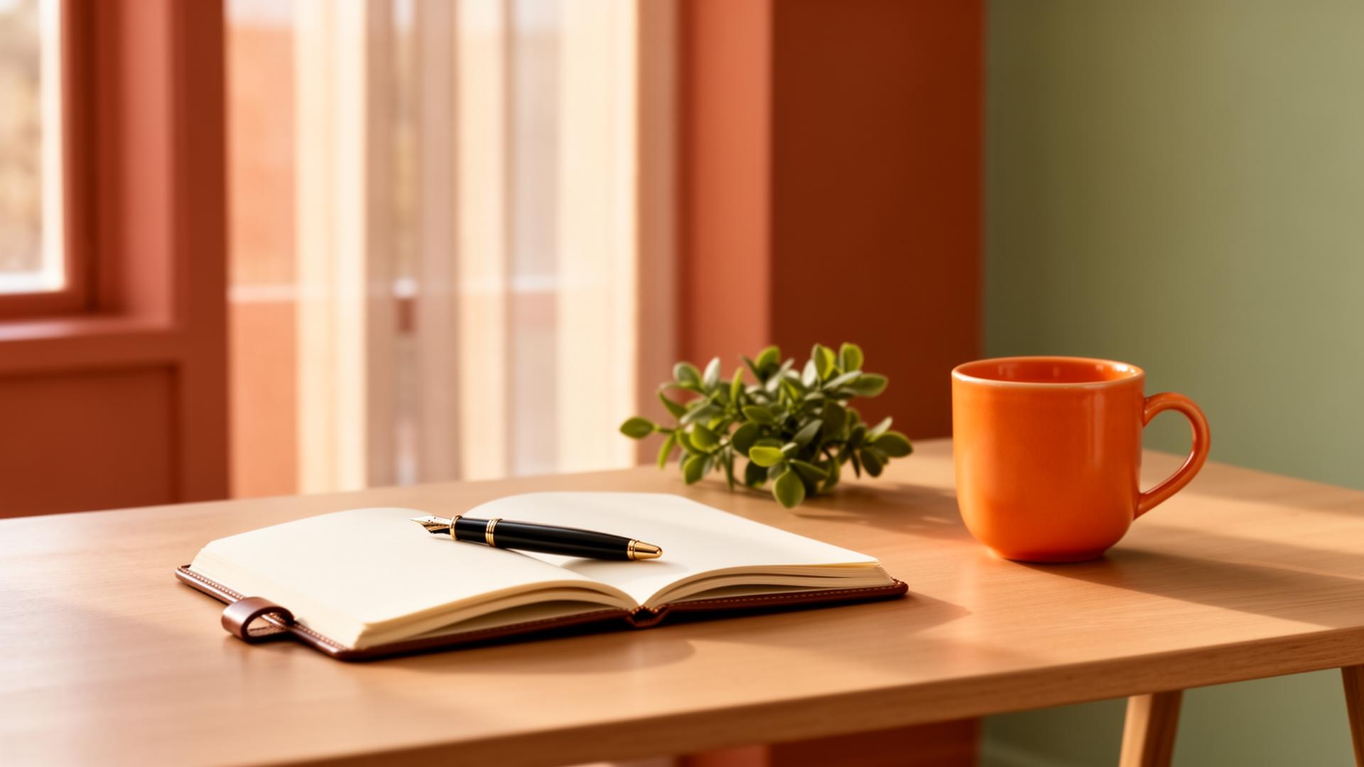 Skrivebord med åben notesbog, fyldepen og varm orange kop